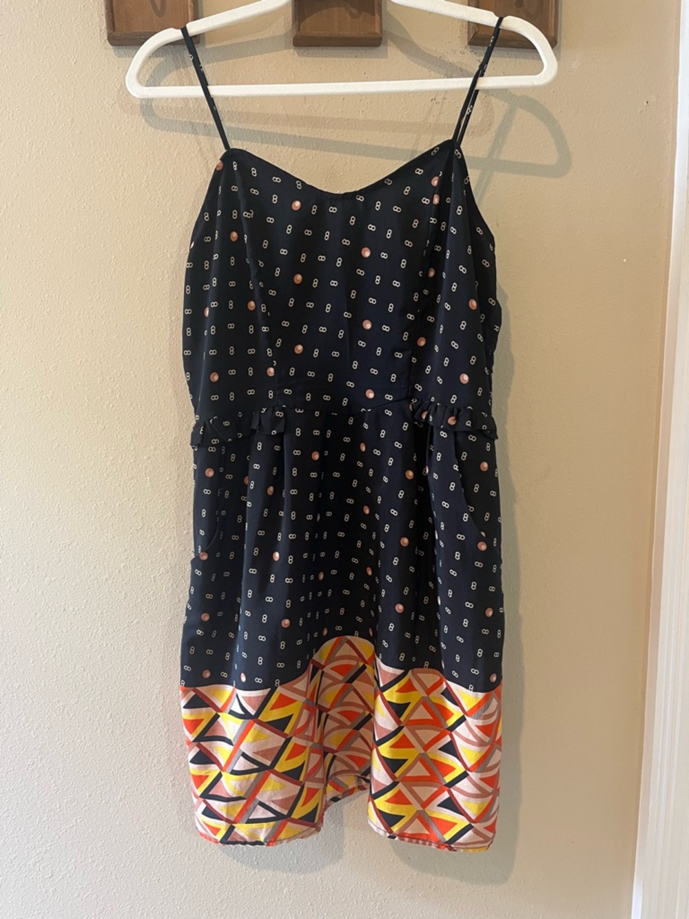 Xhilaration Black Spaghetti Strap Mini Dress with Orange & Yellow Geometric Hem